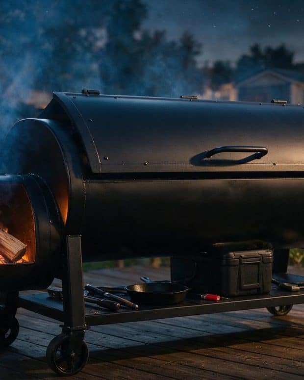 A new black steel offset smoker in a backyard, firebox door open.