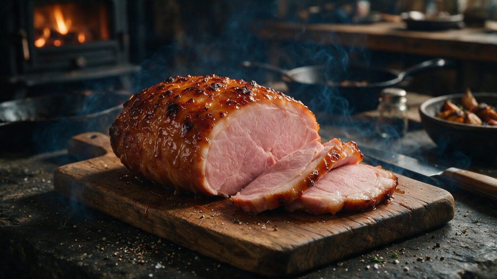 A glazed smoked ham carved into thick slices on a board.