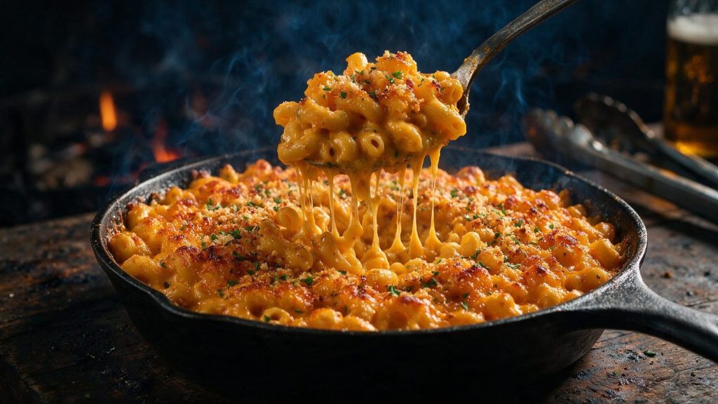 A spoon lifting a portion of smoked macaroni cheese, loose sauce stretching under a darkened crust.