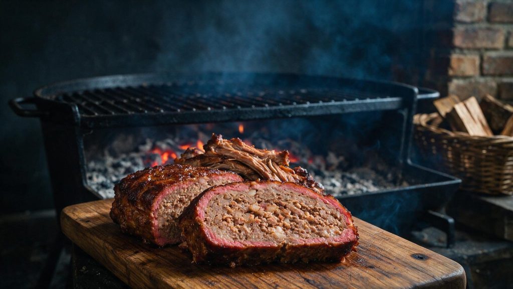 A smoked meatloaf sliced thick showing a coarse interior and a pink smoke ring.