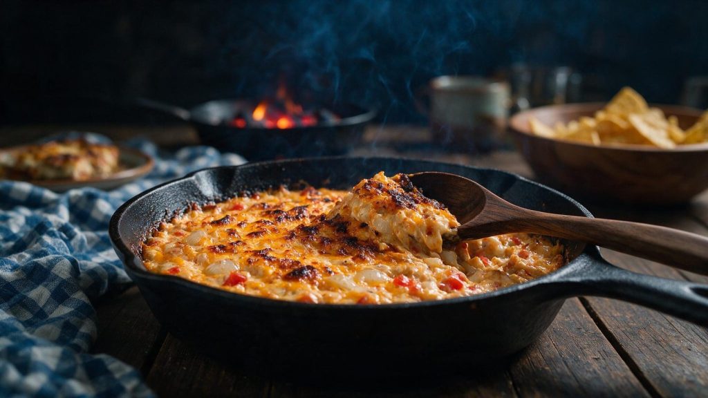 A wooden spoon folding the darkened smoked top layer down into a pan of melted queso.