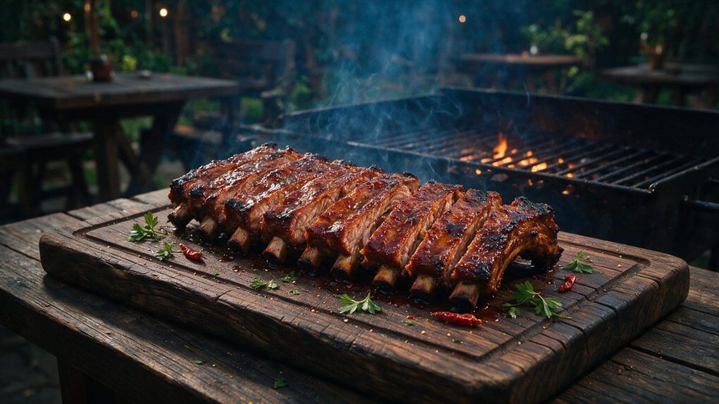A rack of ribs sliced between the bones on a wooden board.