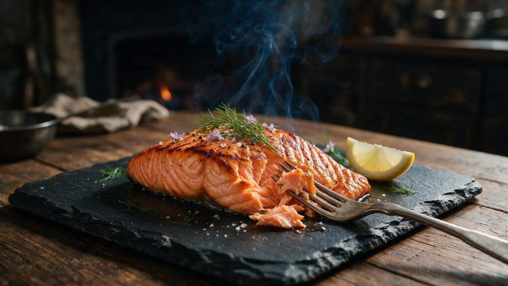 Hot-smoked salmon flaking apart under a fork on a slate board.