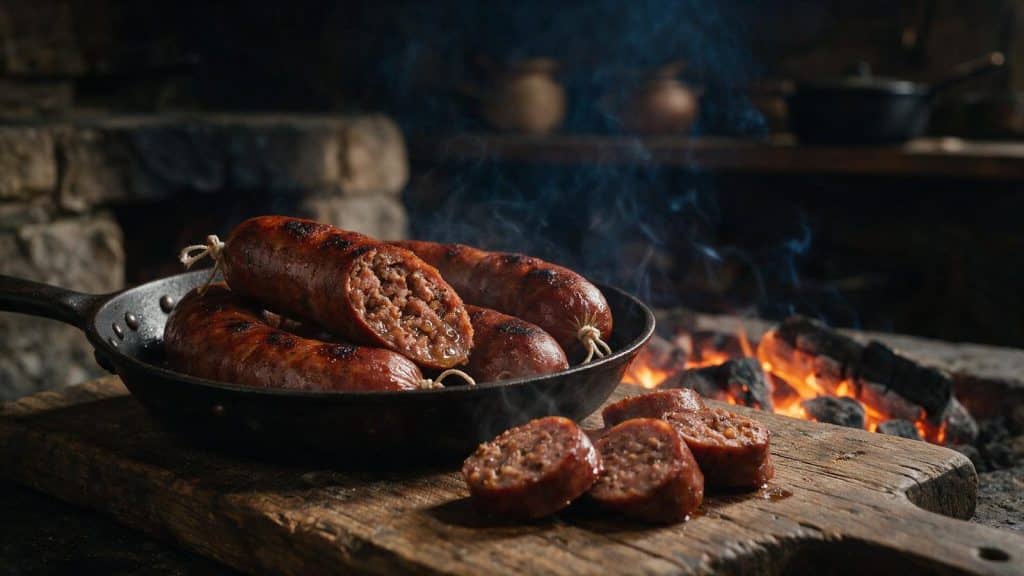 A smoked sausage link sliced open showing a coarse interior.