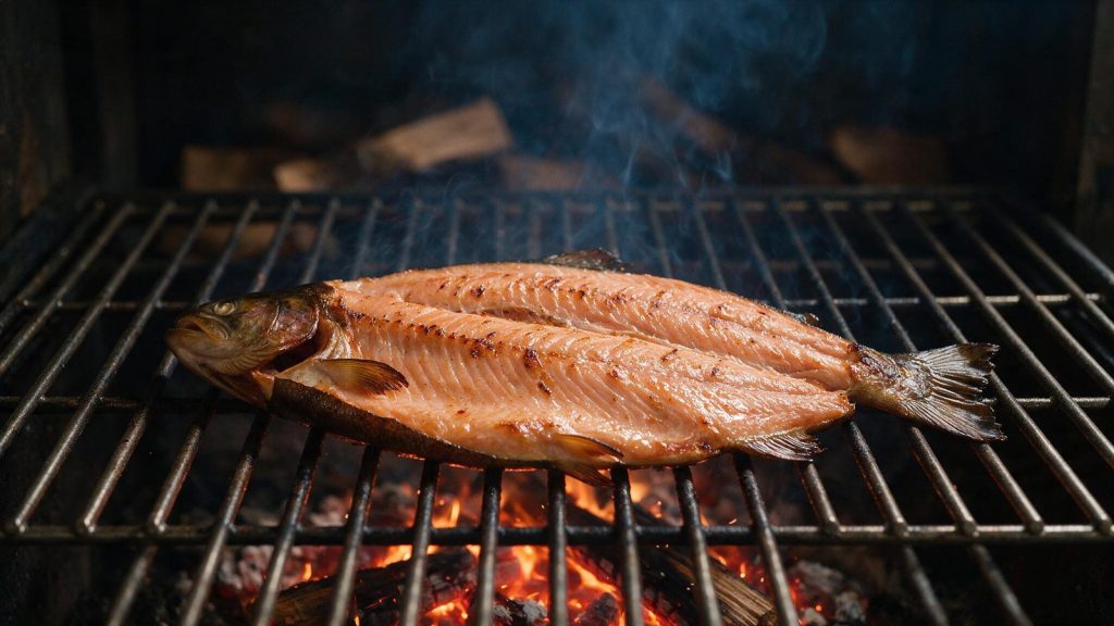 A butterflied trout opened out flat skin side down on a smoker grate, flesh glossy with a formed pellicle.
