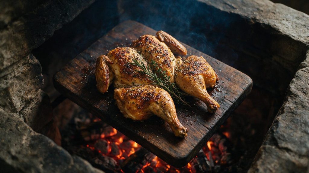 A spatchcock chicken from above, backbone removed, quartered on a board.