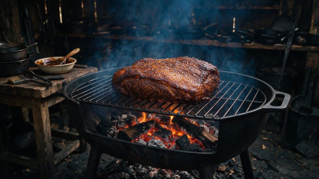 Condensation beading on the surface of a brisket mid-cook.