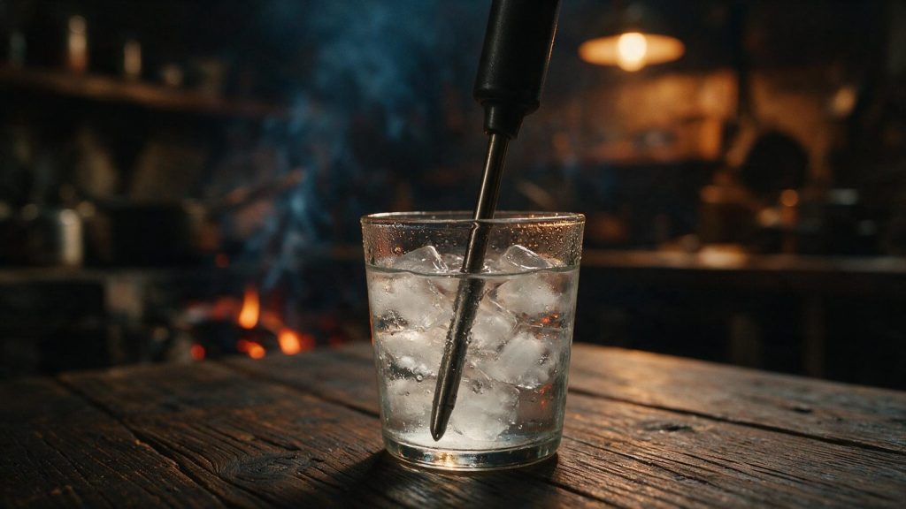 A probe thermometer reading in a glass of ice water.