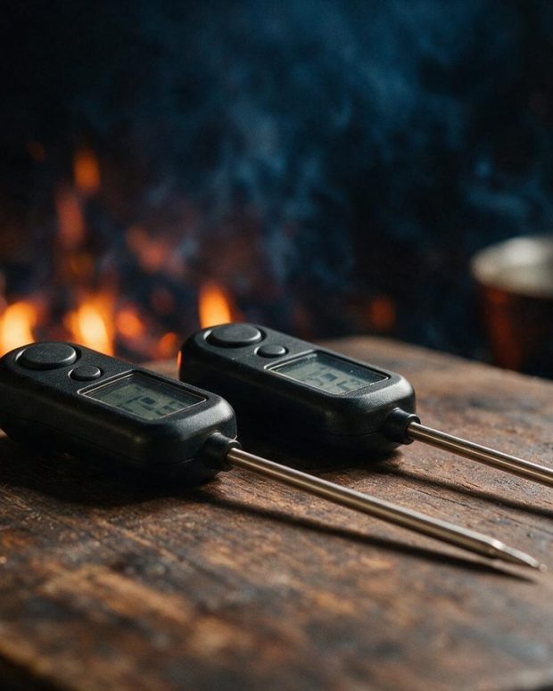 Two digital probe thermometers lying side by side on a work surface.