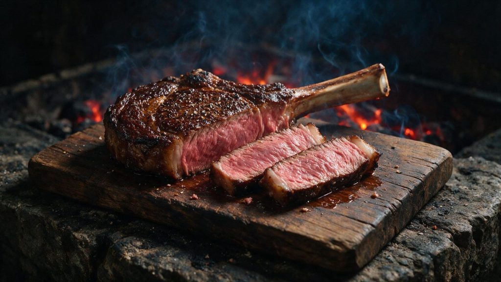 A tomahawk ribeye sliced open showing a rosy medium-rare interior and a dark seared crust.