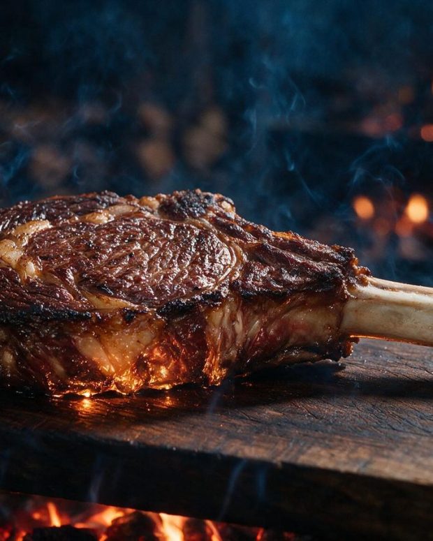 A whole bone-in tomahawk ribeye steak resting on a dark wooden board after smoking, thick crust.