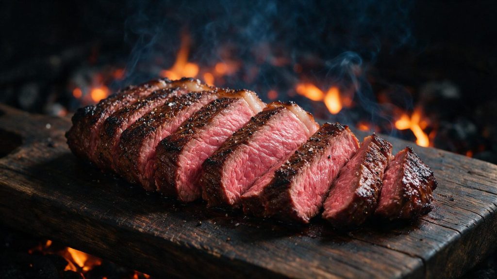 Tri tip sliced across the changing grain, pink centre, on a board.
