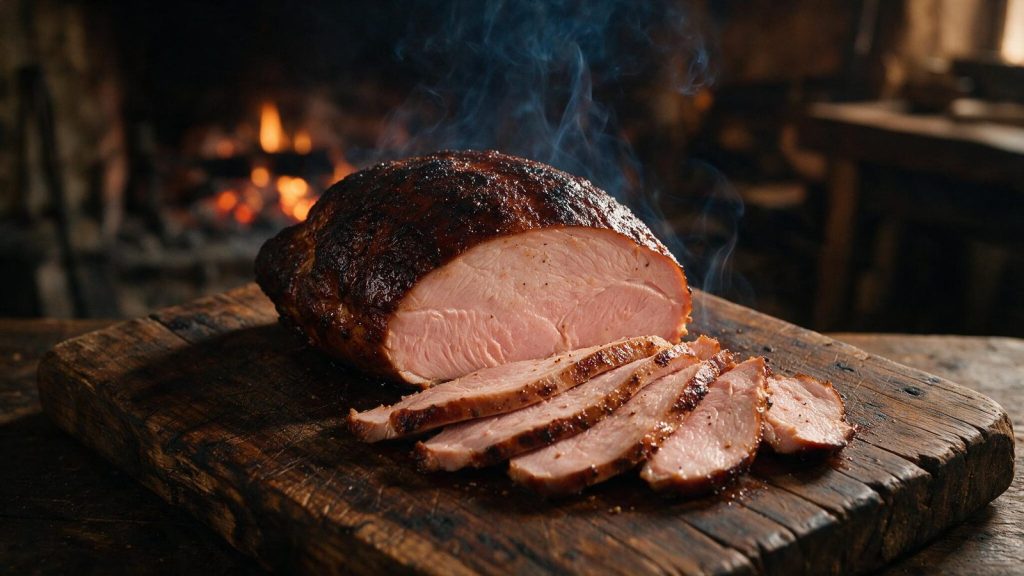 A smoked turkey breast carved into thin slices on a board.