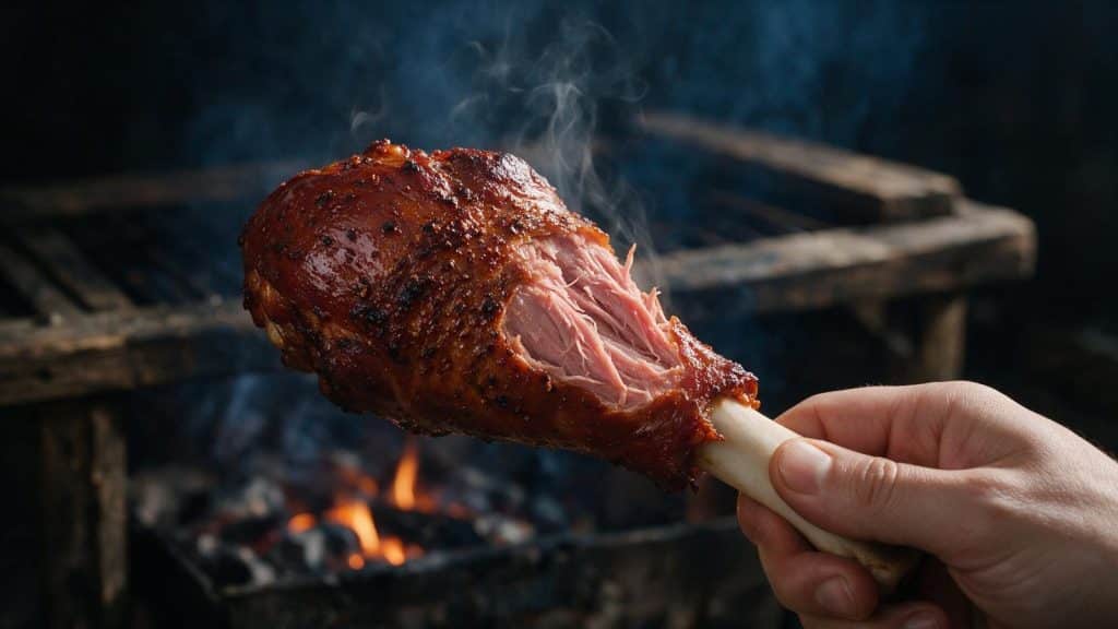 A smoked turkey leg held by the bone, meat pulling away.