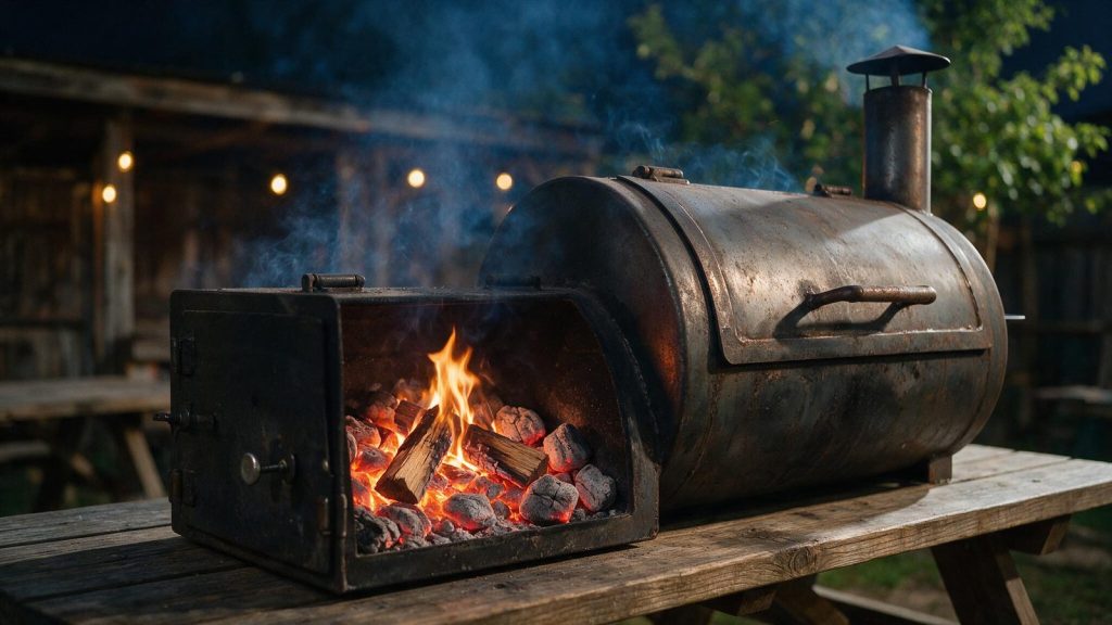 The firebox of an offset smoker with a clean fire and a bed of coals.