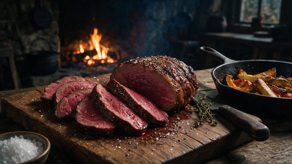 A venison roast sliced thin showing a deep red rare interior on a wooden board.