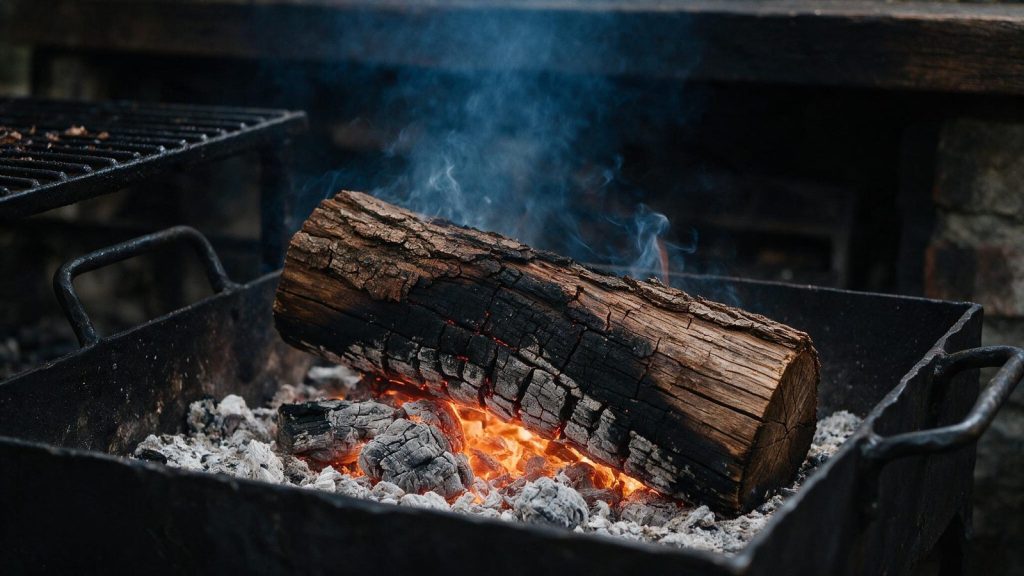 A walnut log burning down to coals in a firebox.