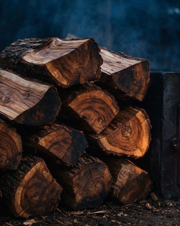 Split walnut logs stacked beside a smoker firebox.