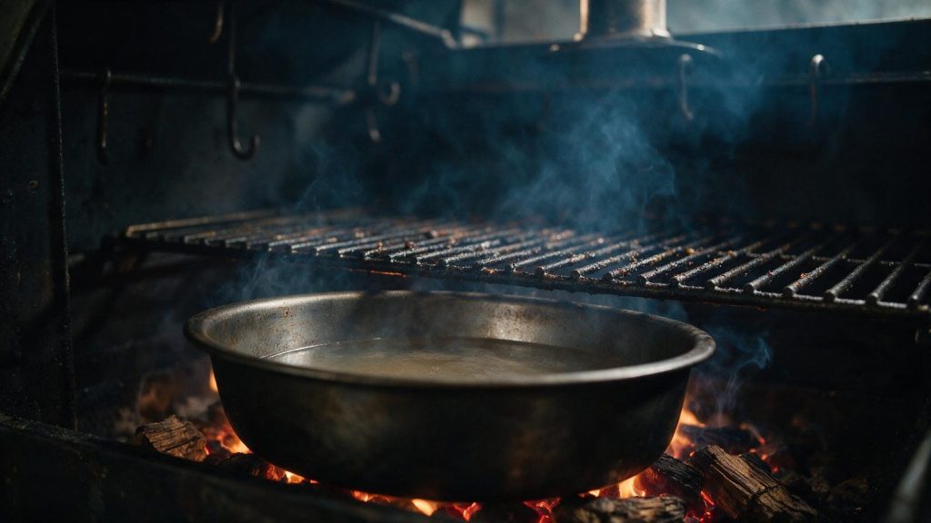 A water pan half full inside a smoker beside the cooking grate.