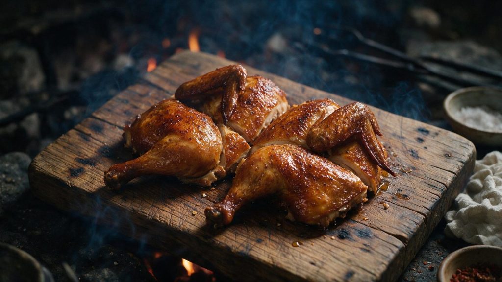 A smoked whole chicken carved into quarters on a board.
