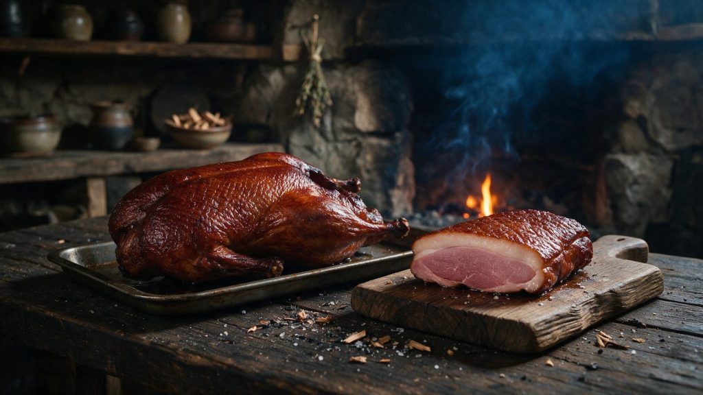 A smoked duck breast sliced showing a thick crisp fat layer.