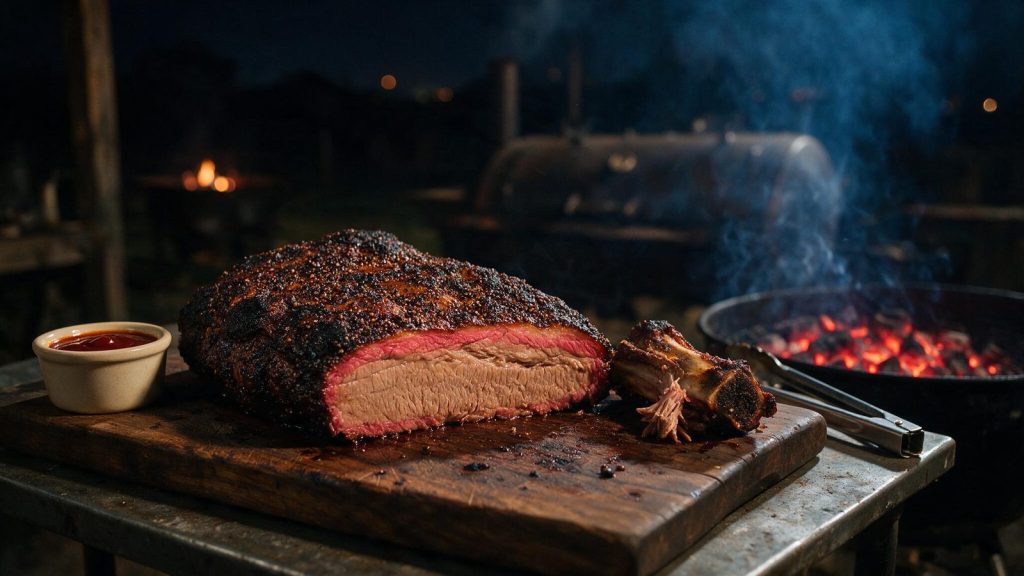 A brisket sliced across the flat showing a deep pink smoke ring.