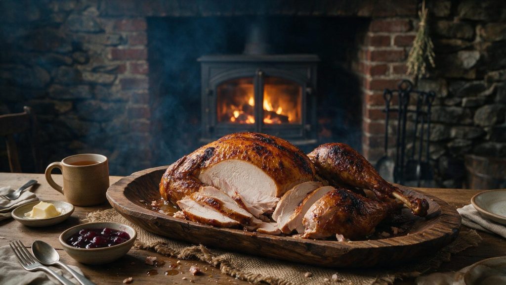 A smoked turkey carved, breast slices beside a dark thigh.
