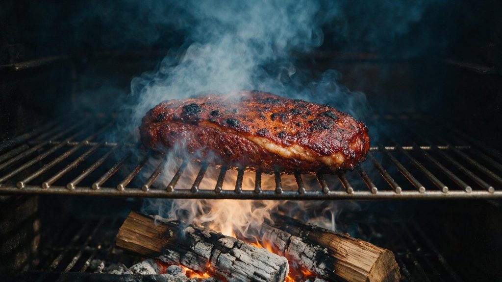 A brisket on a smoker grate with oak smoke drifting across it.