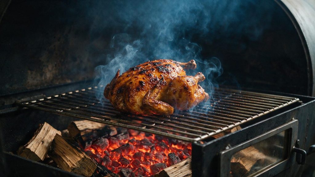 A whole chicken on a smoker grate with thin smoke drifting past.