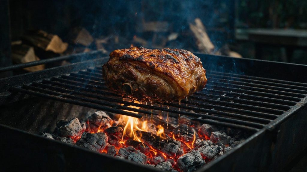 Fat dripping onto coals below a pork shoulder, flare of flame.