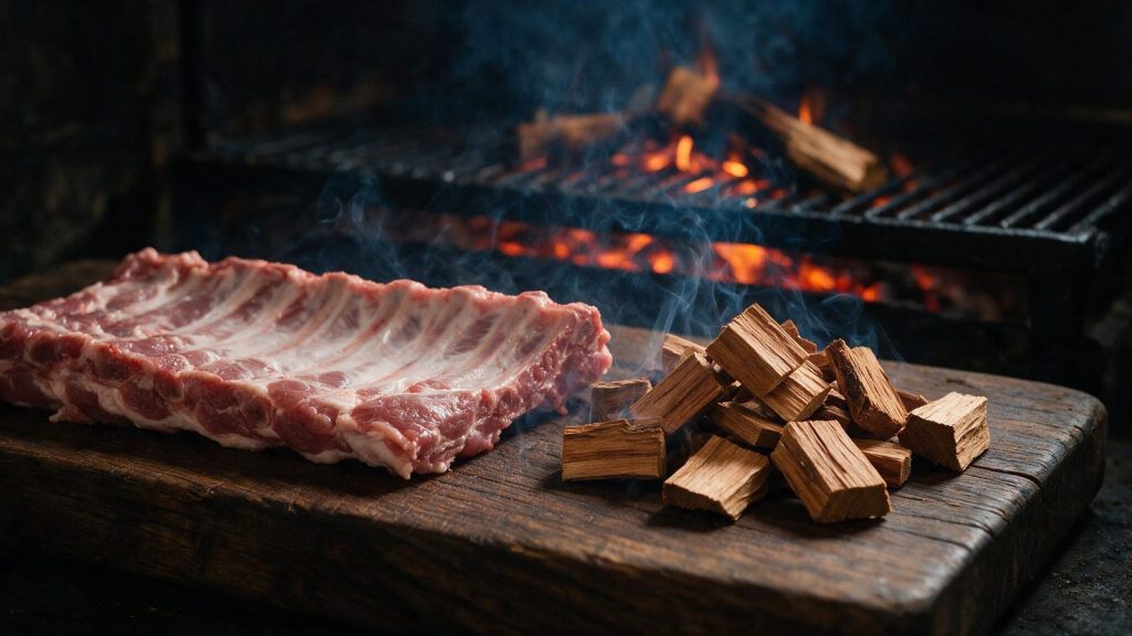 Small fruitwood chunks beside a rack of raw ribs.