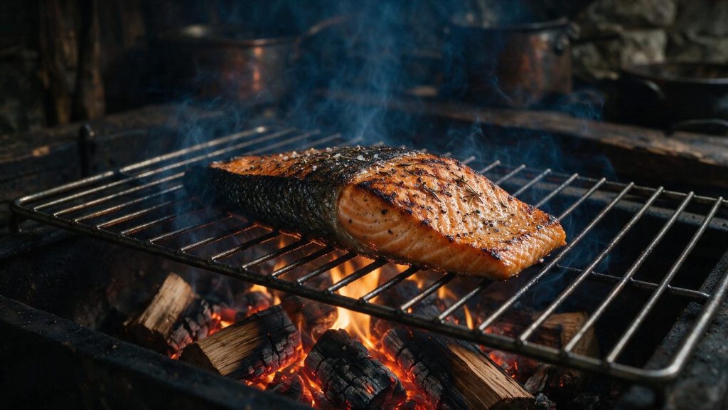 A salmon fillet on a smoker grate with thin smoke passing over it.