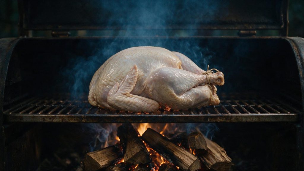 A whole turkey on a smoker grate in the first hour, surface still wet.