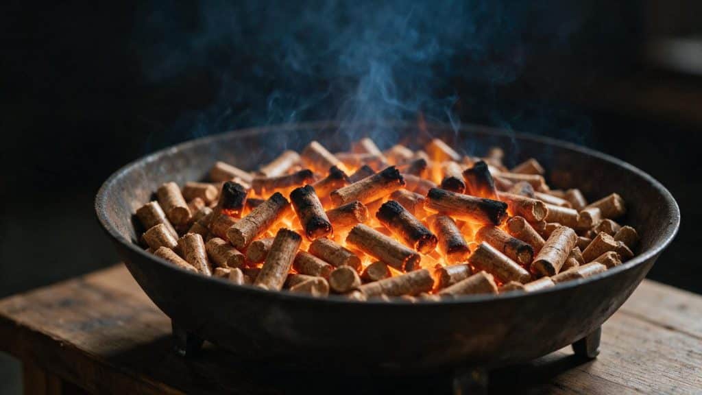Wood pellets burning in a fire pot, bright orange.