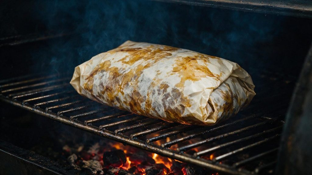 A wrapped brisket back on the smoker grate, paper stained with fat.