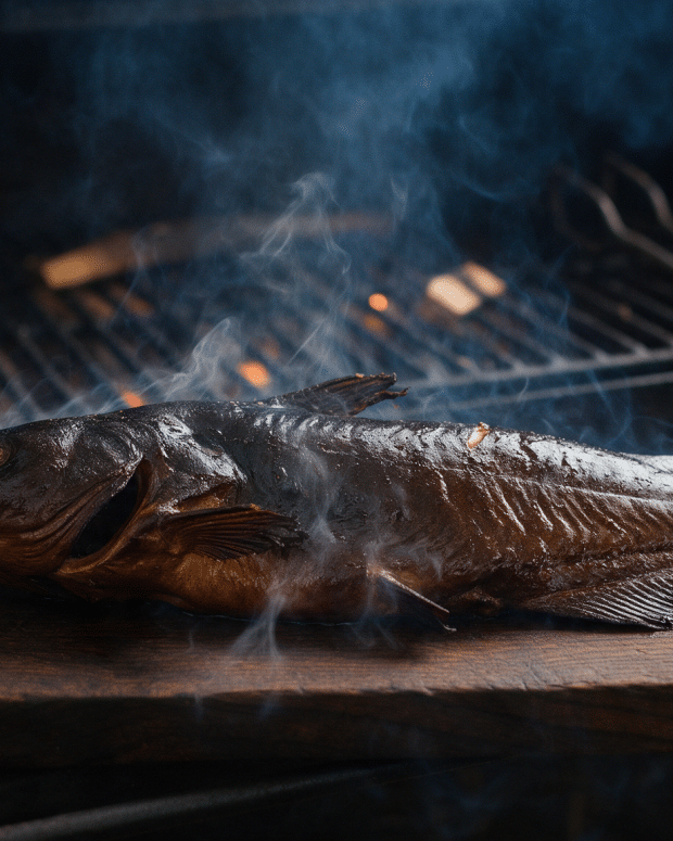 A whole smoked catfish resting on a dark wooden board beside an open smoker, skin darkened and glistening, smoke rising.