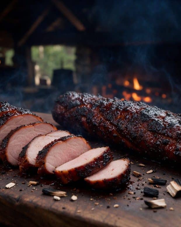 Two smoked pork tenderloins on a dark wooden board, one sliced into pale pink medallions, embers glowing behind.