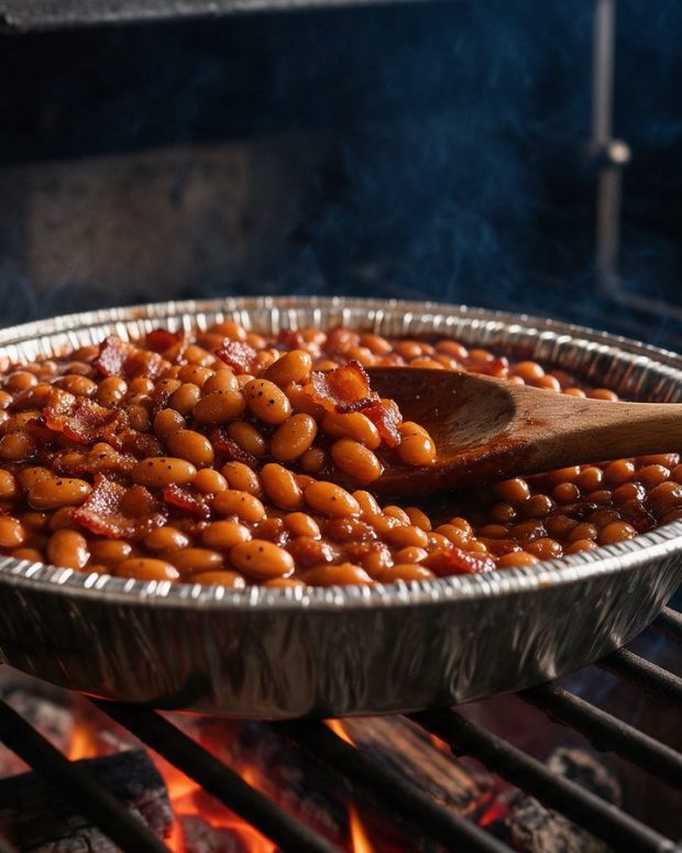 A foil pan of smoked baked beans with crisp bacon bits, a wooden spoon resting in it on a smoker grate near glowing embers.