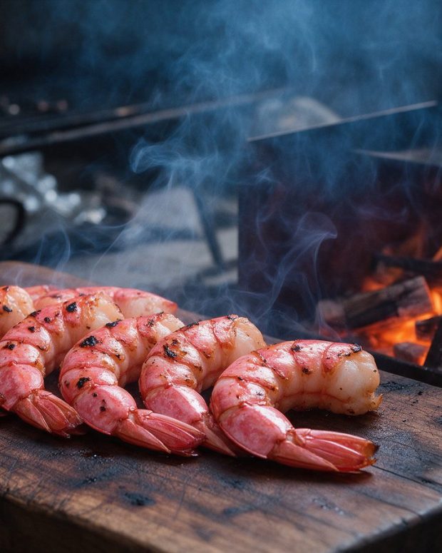 Six smoked jumbo shrimp, peeled with tails on, lightly charred and bright pink, lined up on a dark wooden board beside an open smoker firebox.
